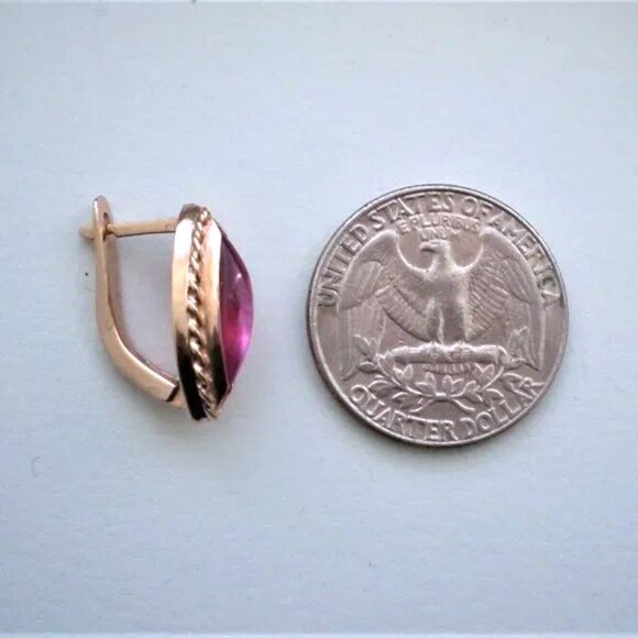 Vintage Russian Russia USSR 14K 585 Rose Gold Pink Tourmaline Marquise EARRINGS - Picture 5 of 8